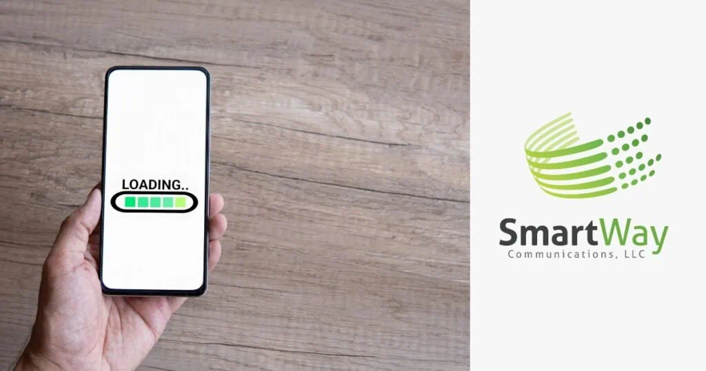 A graphic featuring a mobile phone with a loading screen and the Smart Way Communications logo.