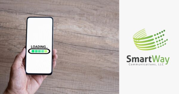A graphic featuring a mobile phone with a loading screen and the Smart Way Communications logo.