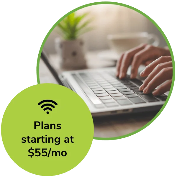 Graphic with advertisement saying plans start at 55 dollars per month overlapping a picture of a person typing on a laptop.